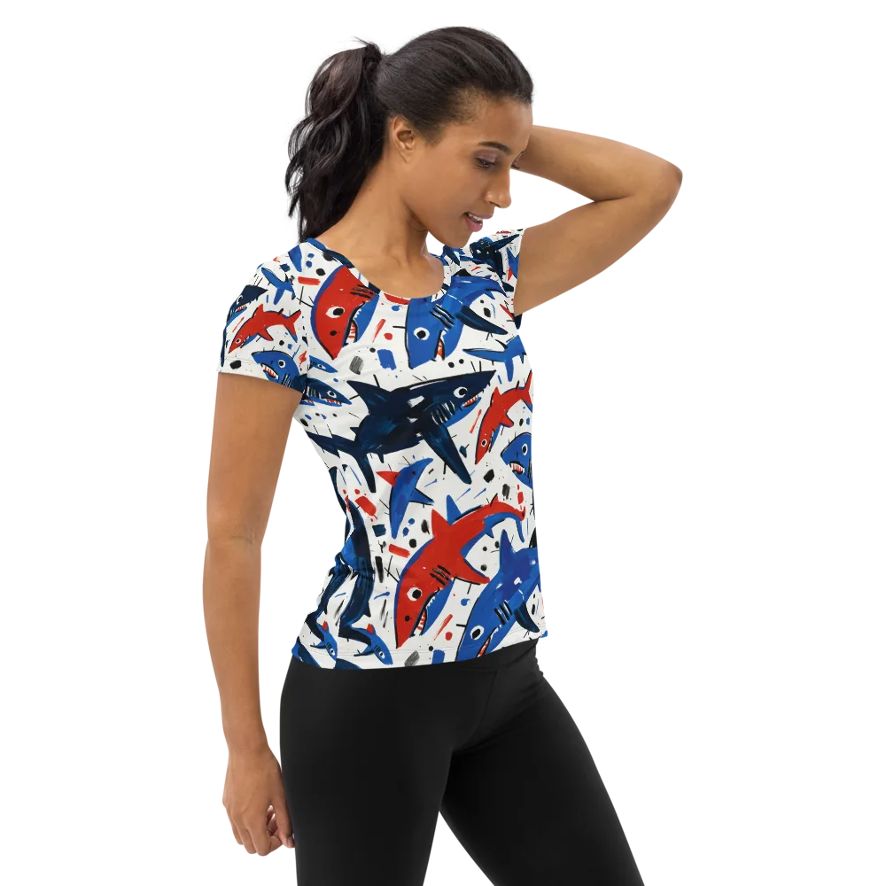 Shark Attack Abstract on Women's Athletic T-Shirt — Right