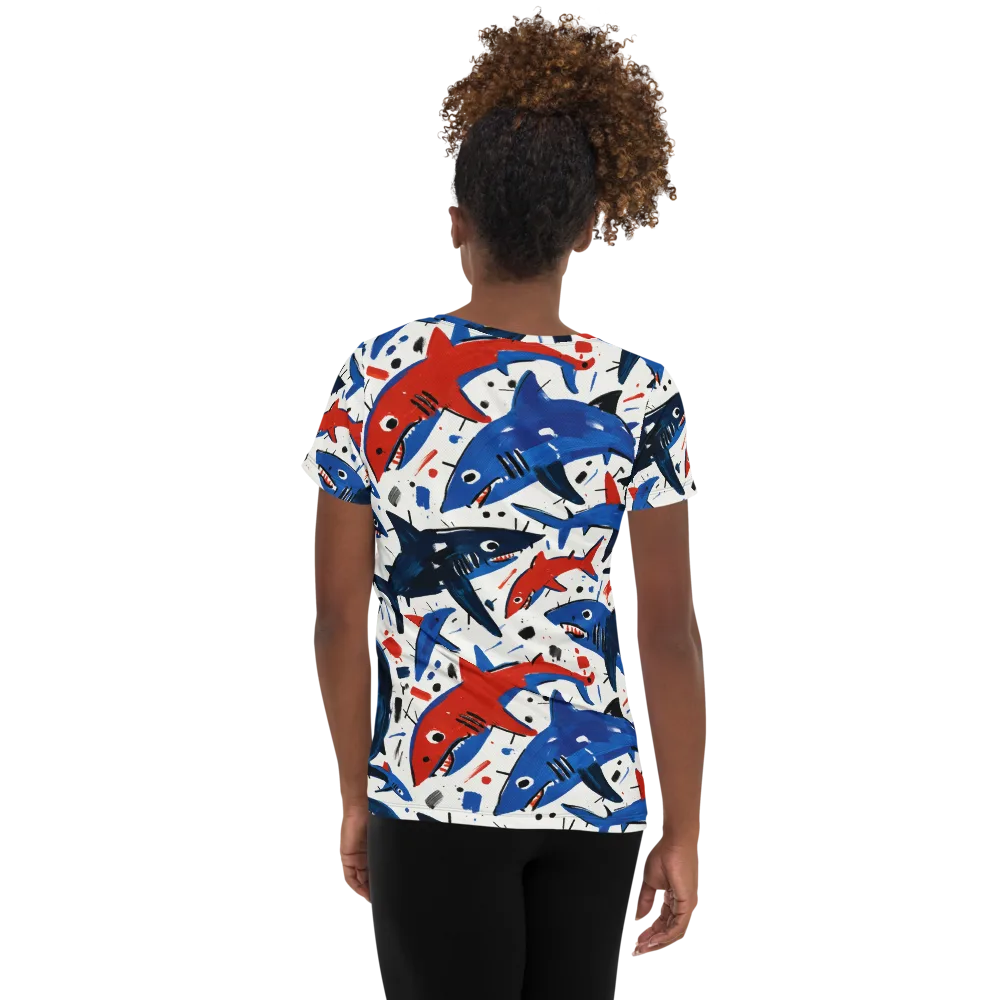 Shark Attack Abstract on Women's Athletic T-Shirt — Back