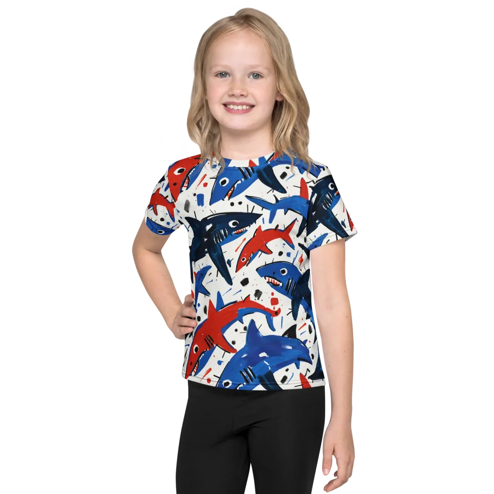 Shark Attack Abstract on Kids Crew Neck T-Shirt — Front