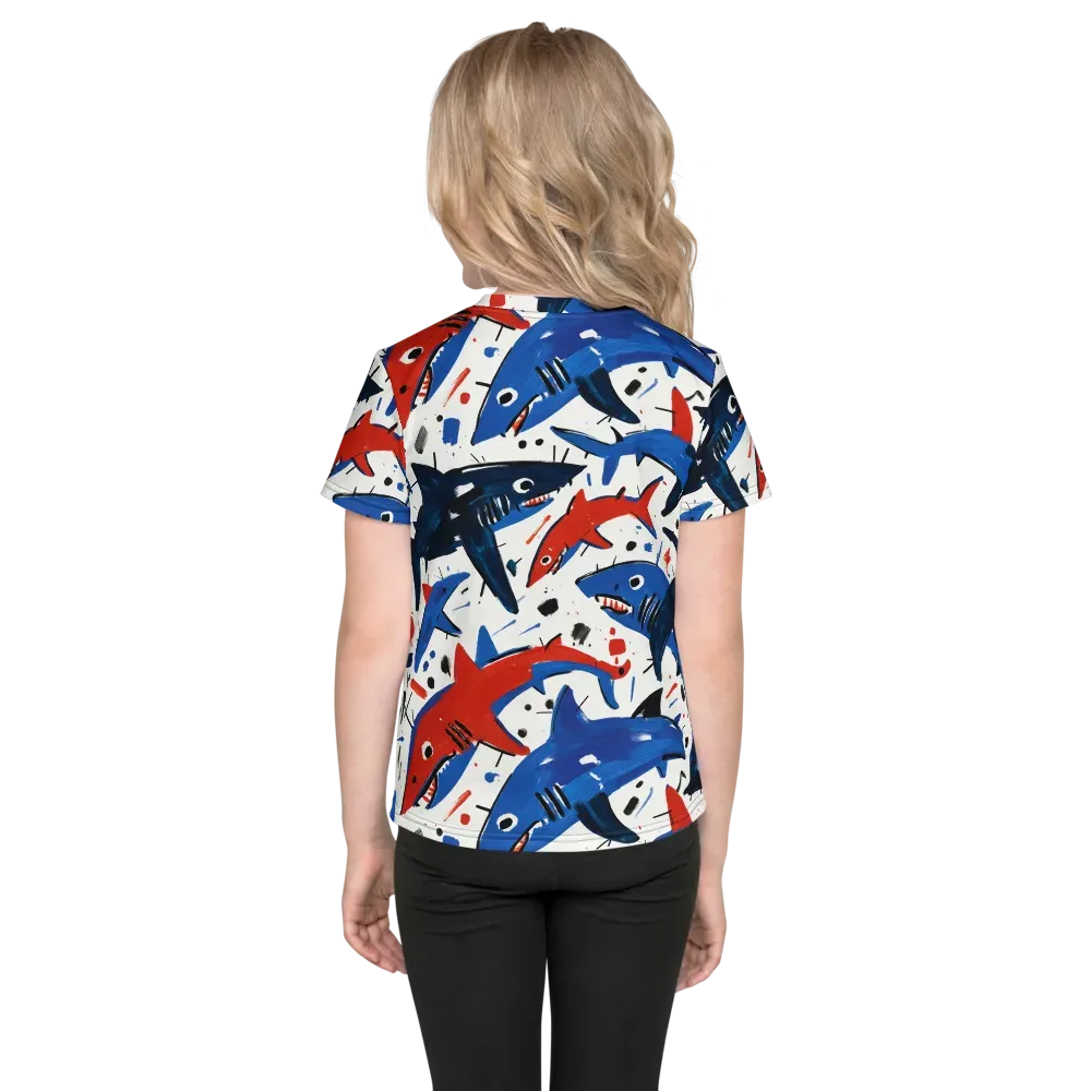 Shark Attack Abstract on Kids Crew Neck T-Shirt — Back
