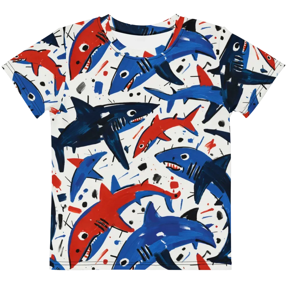Shark Attack Abstract on Kids Crew Neck T-Shirt — Front