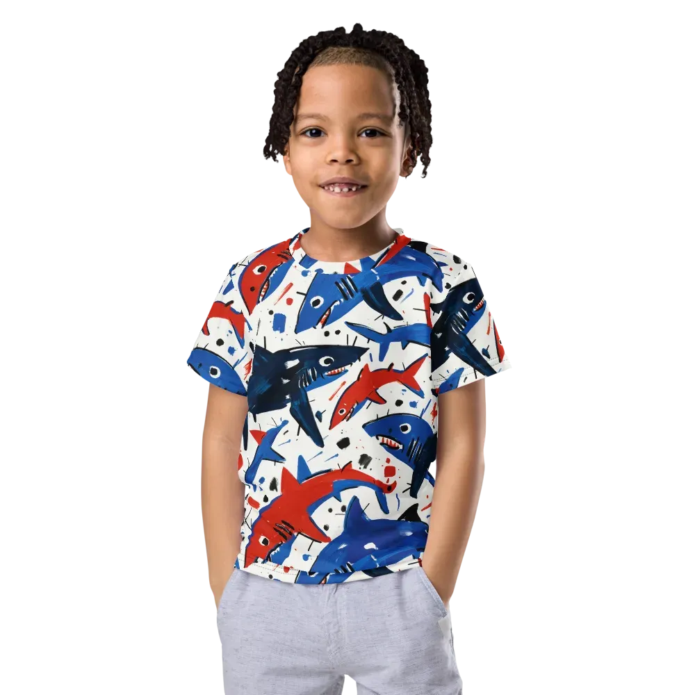 Shark Attack Abstract on Kids Crew Neck T-Shirt — Front