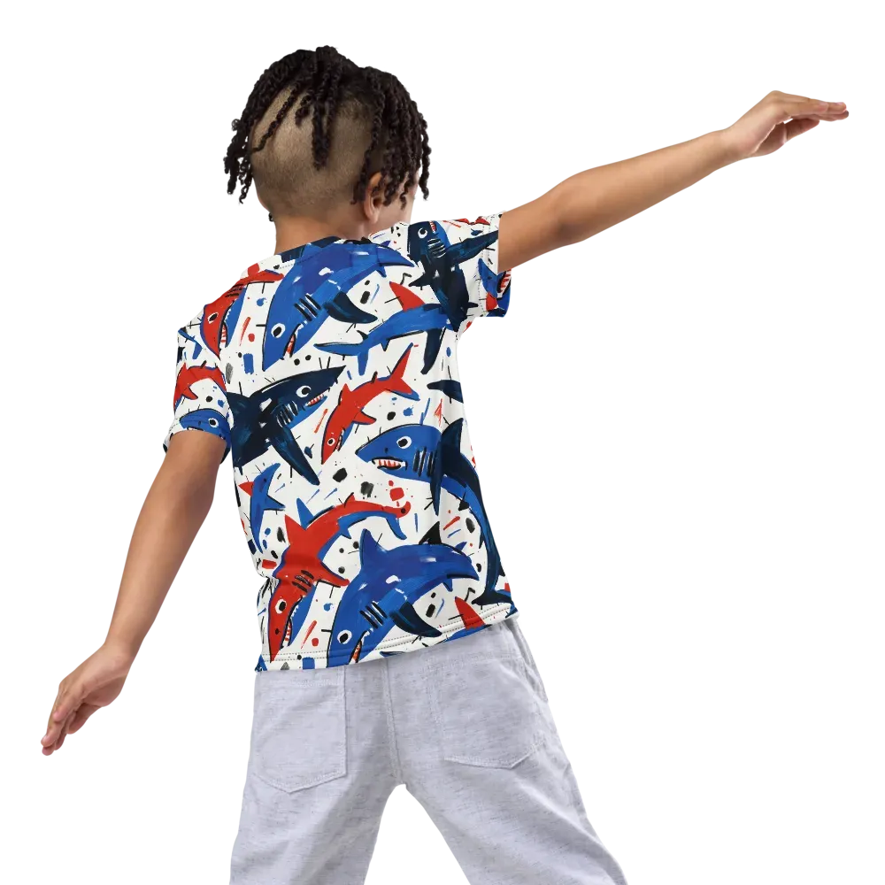 Shark Attack Abstract on Kids Crew Neck T-Shirt — Back