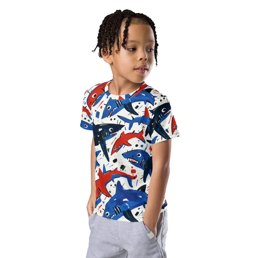 Shark Attack Abstract on Kids Crew Neck T-Shirt — Left Front