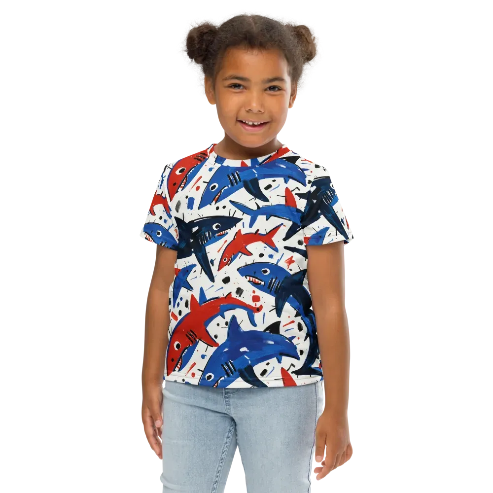 Shark Attack Abstract on Kids Crew Neck T-Shirt — Front
