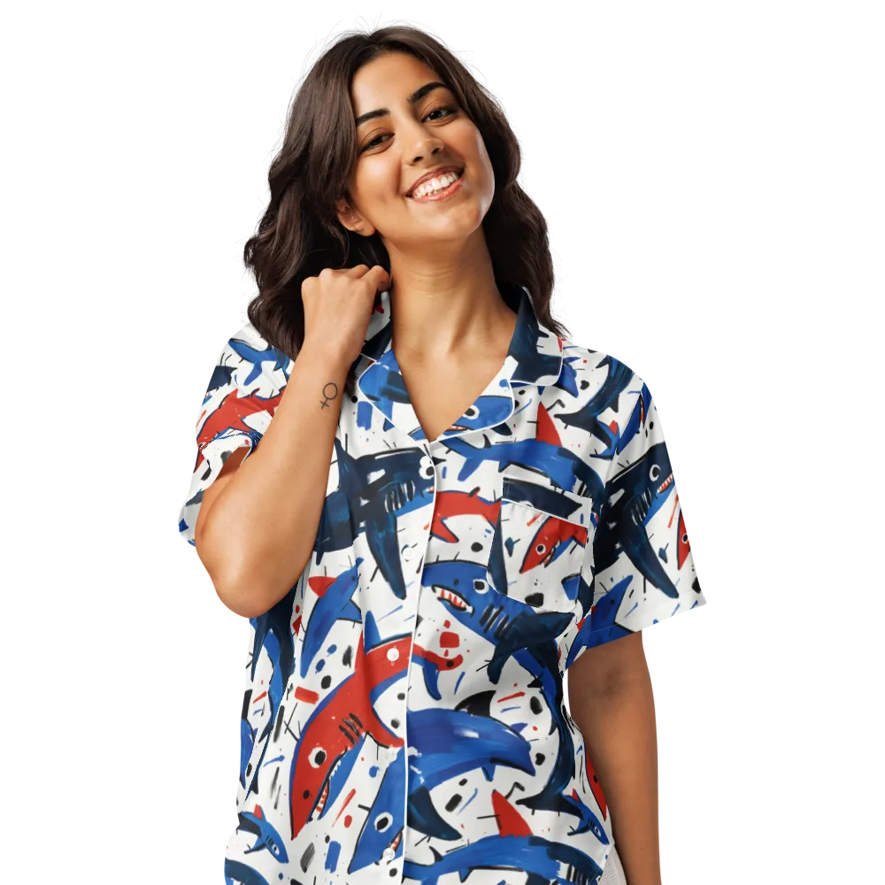Shark Attack Abstract on Women's Short Sleeve Pajama Top — Front