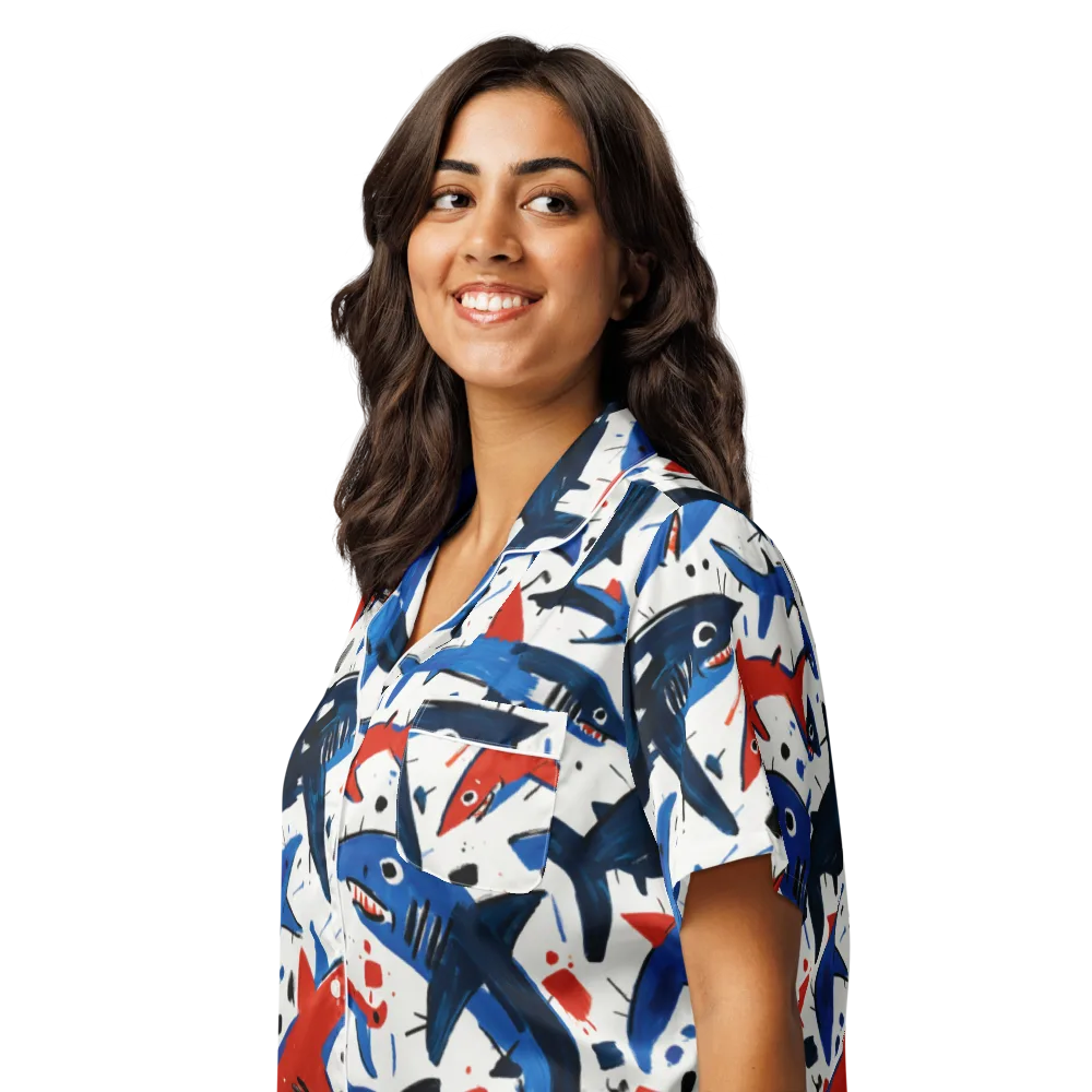 Shark Attack Abstract on Women's Short Sleeve Pajama Top — Left Front