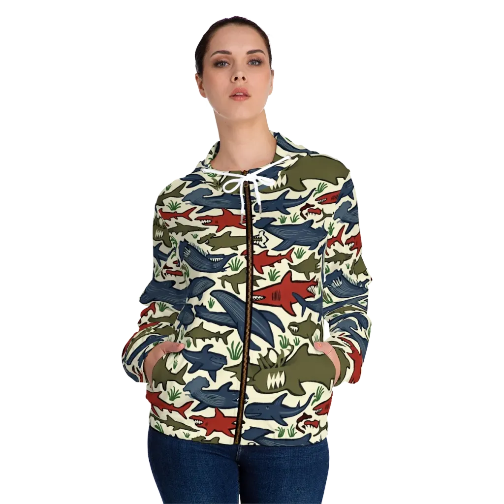 Shark Reef Riot on Women's Full-Zip Hoodie — Front On Person