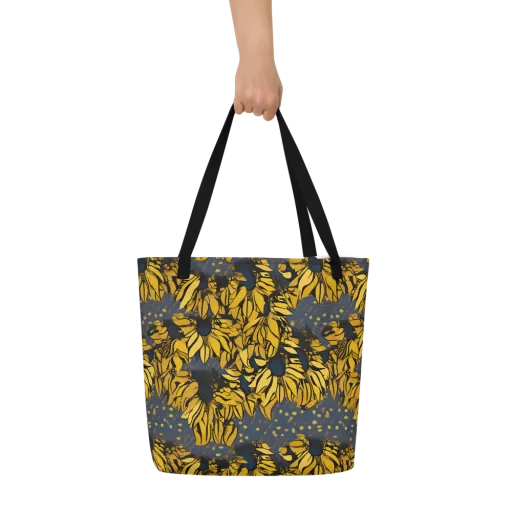 Golden Midnight Bloom on a Large Tote Bag W/ Pocket