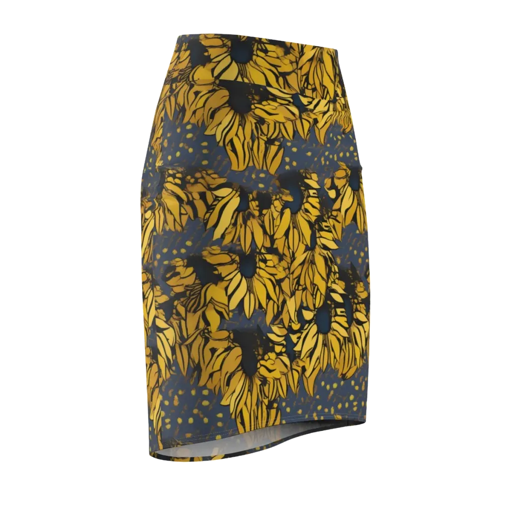 Golden Midnight Bloom on Pencil Skirt — Front Side