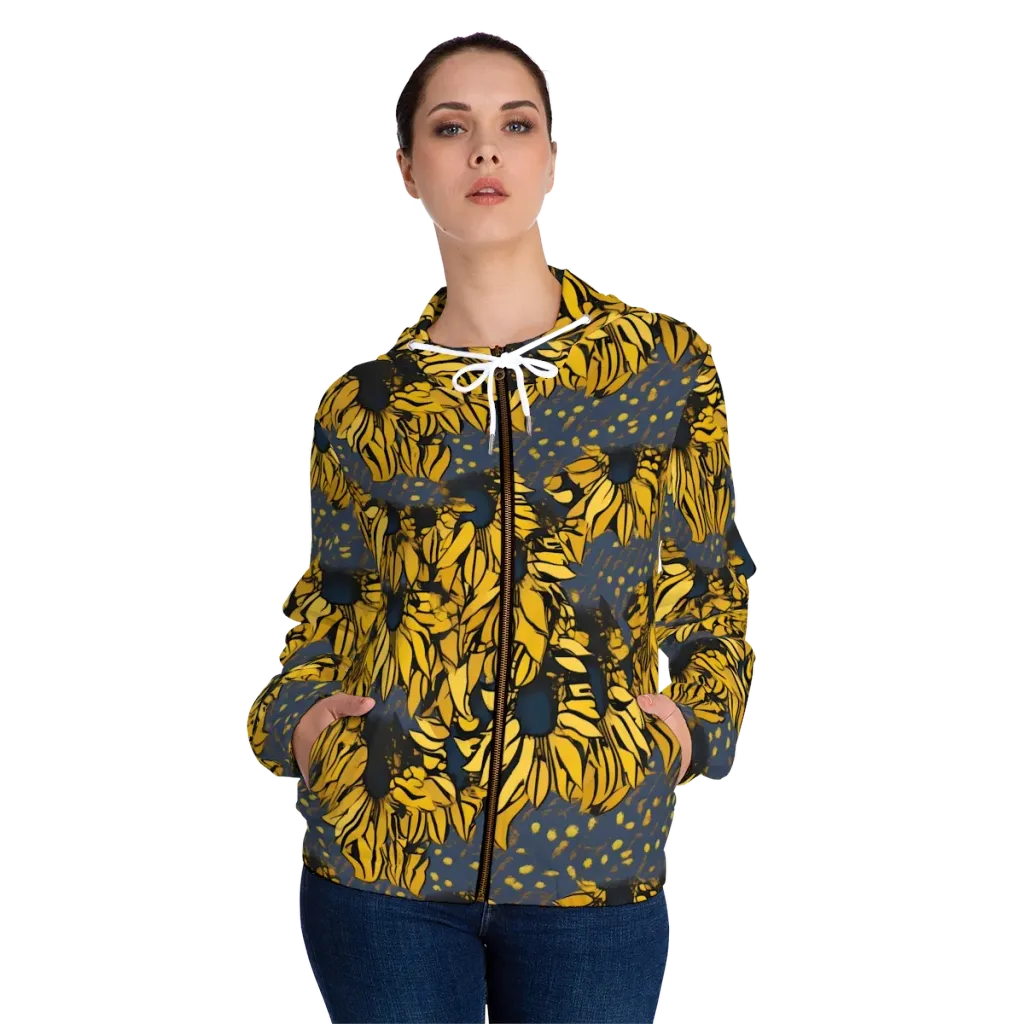 Golden Midnight Bloom on Women's Full-Zip Hoodie — Front On Person