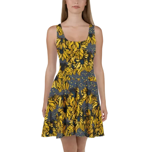 Golden Midnight Bloom on a Skater Dress