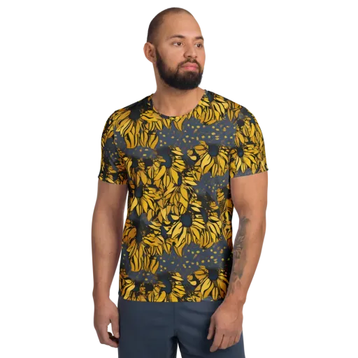Golden Midnight Bloom on a Men's Athletic T-Shirt