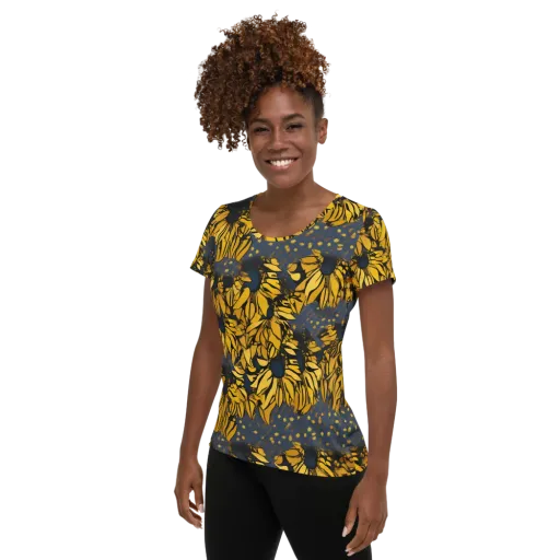 Golden Midnight Bloom on a Women's Athletic T-Shirt