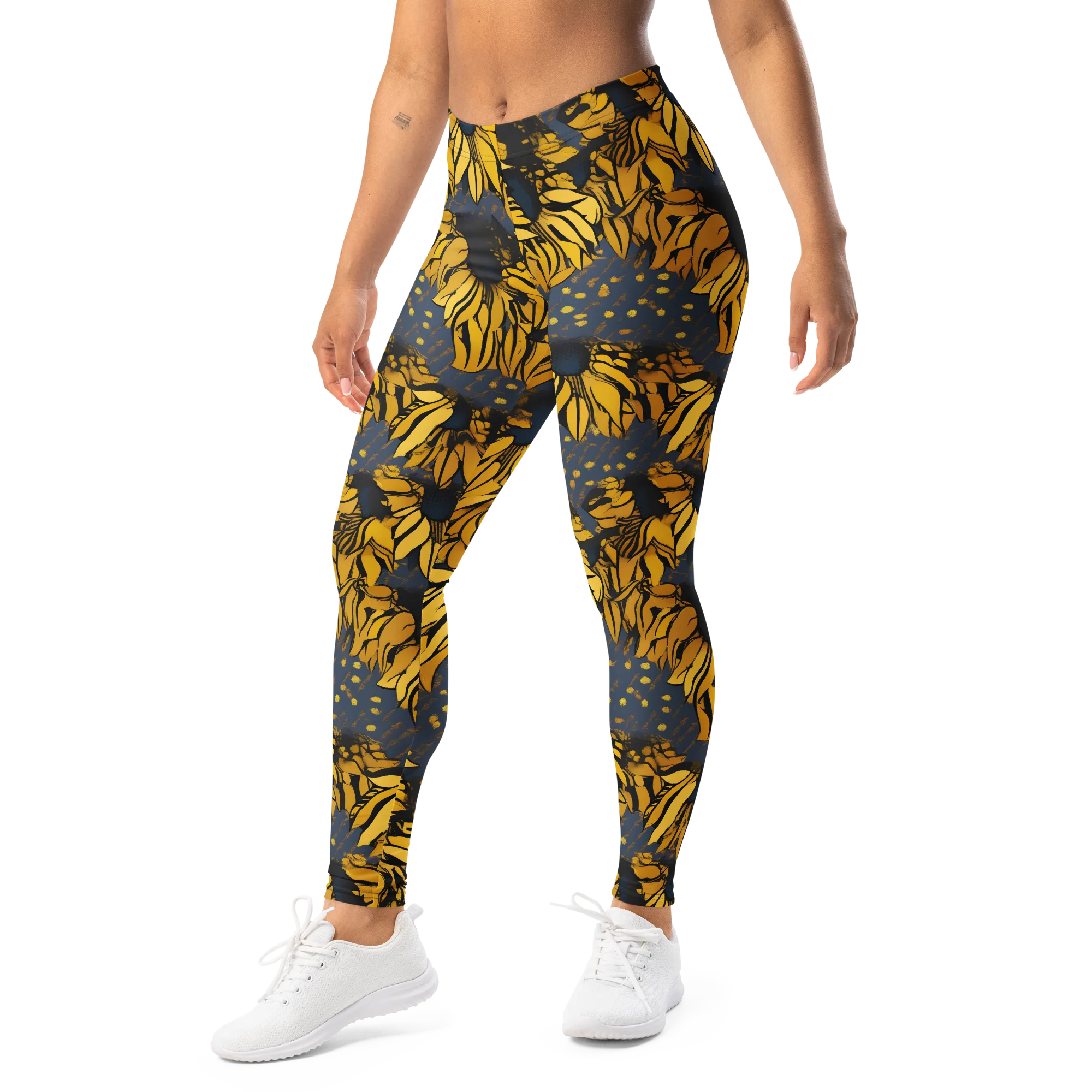 Golden Midnight Bloom on Leggings — Left Front
