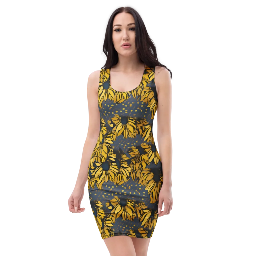 Golden Midnight Bloom on Bodycon Dress — Front