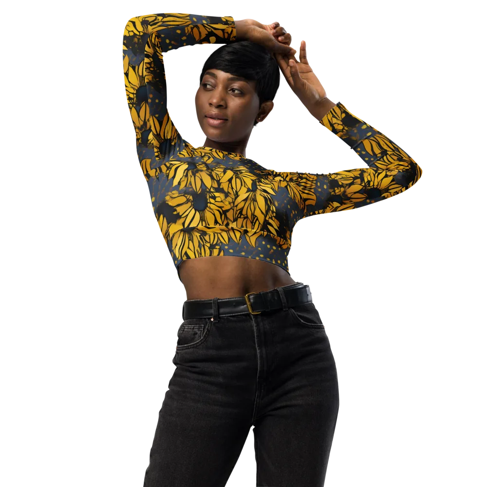 Golden Midnight Bloom on Long Sleeve Crop Top — Front