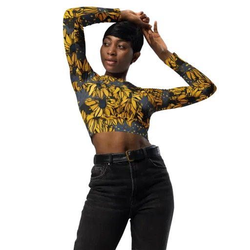 Golden Midnight Bloom on a Long Sleeve Crop Top