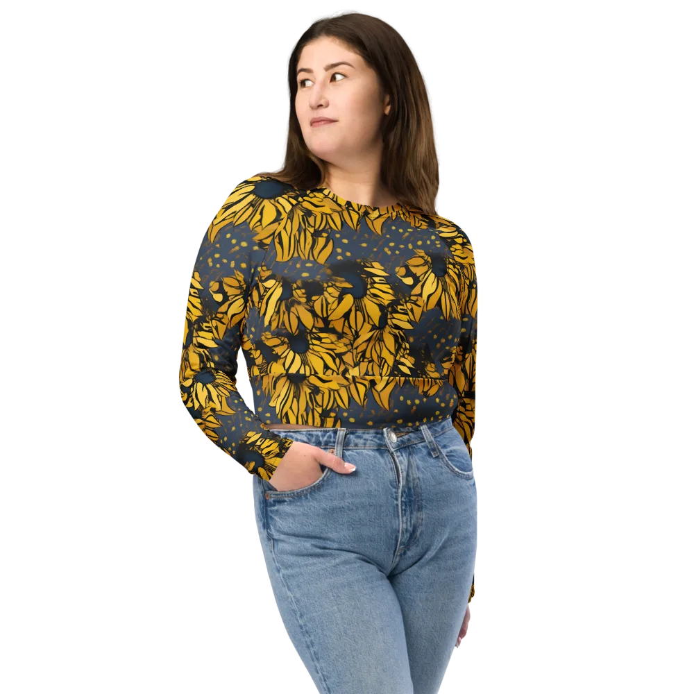 Golden Midnight Bloom on Long Sleeve Crop Top — Front