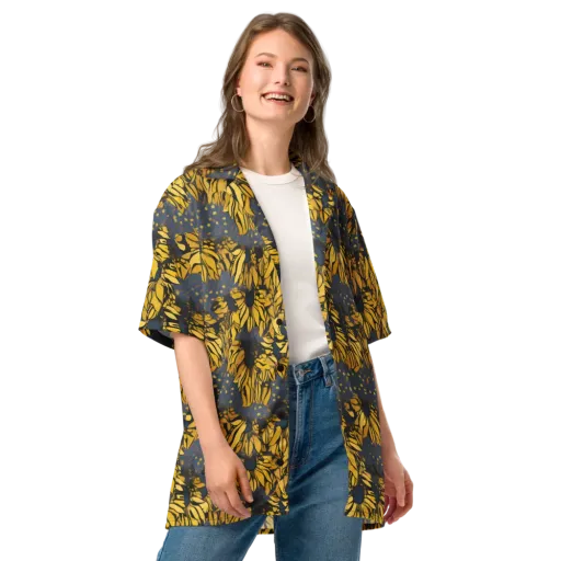 Golden Midnight Bloom on a Button Shirt