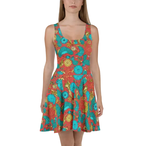Coral Garden Rhapsody on a Skater Dress