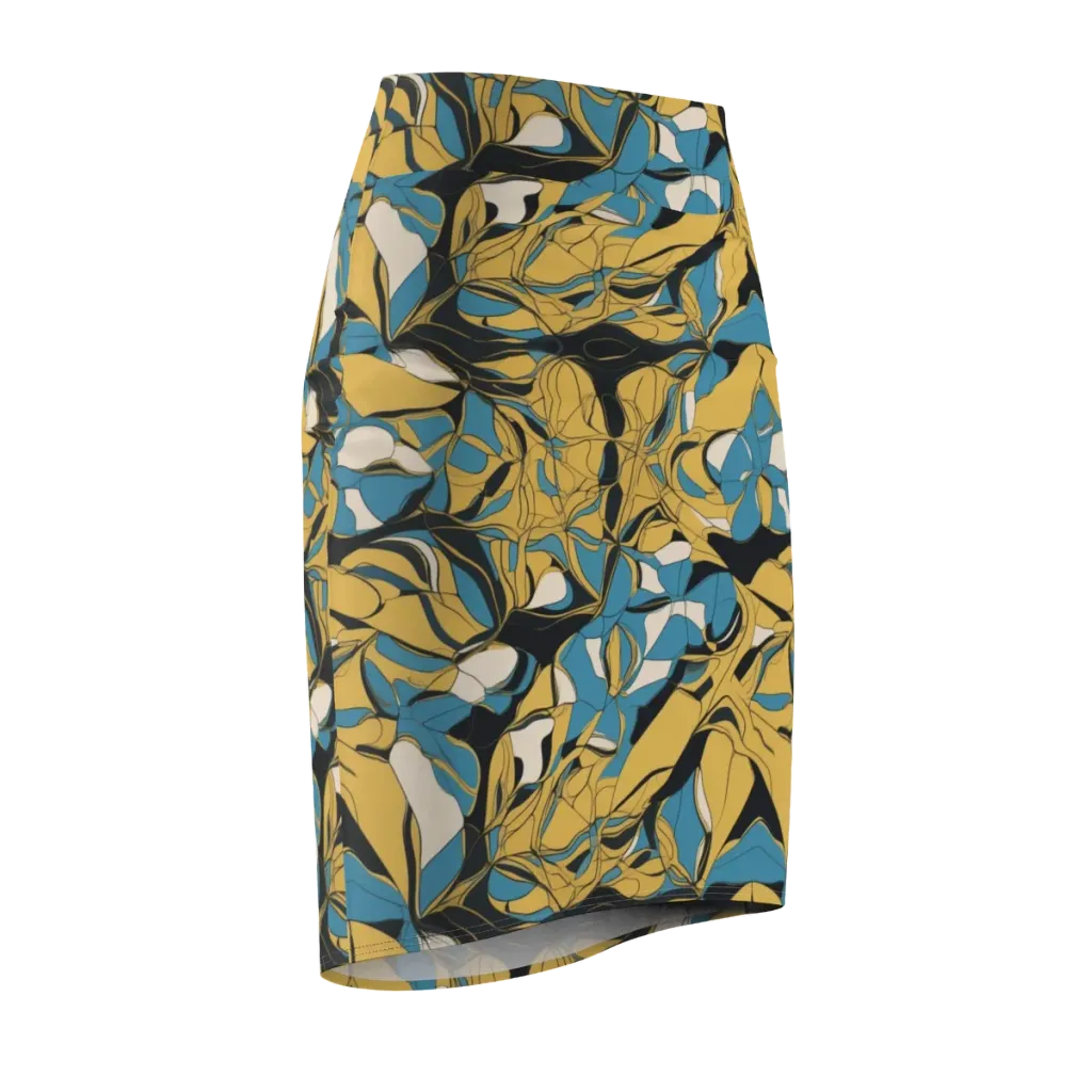 Cobalt Petal Drift on Pencil Skirt — Front Side