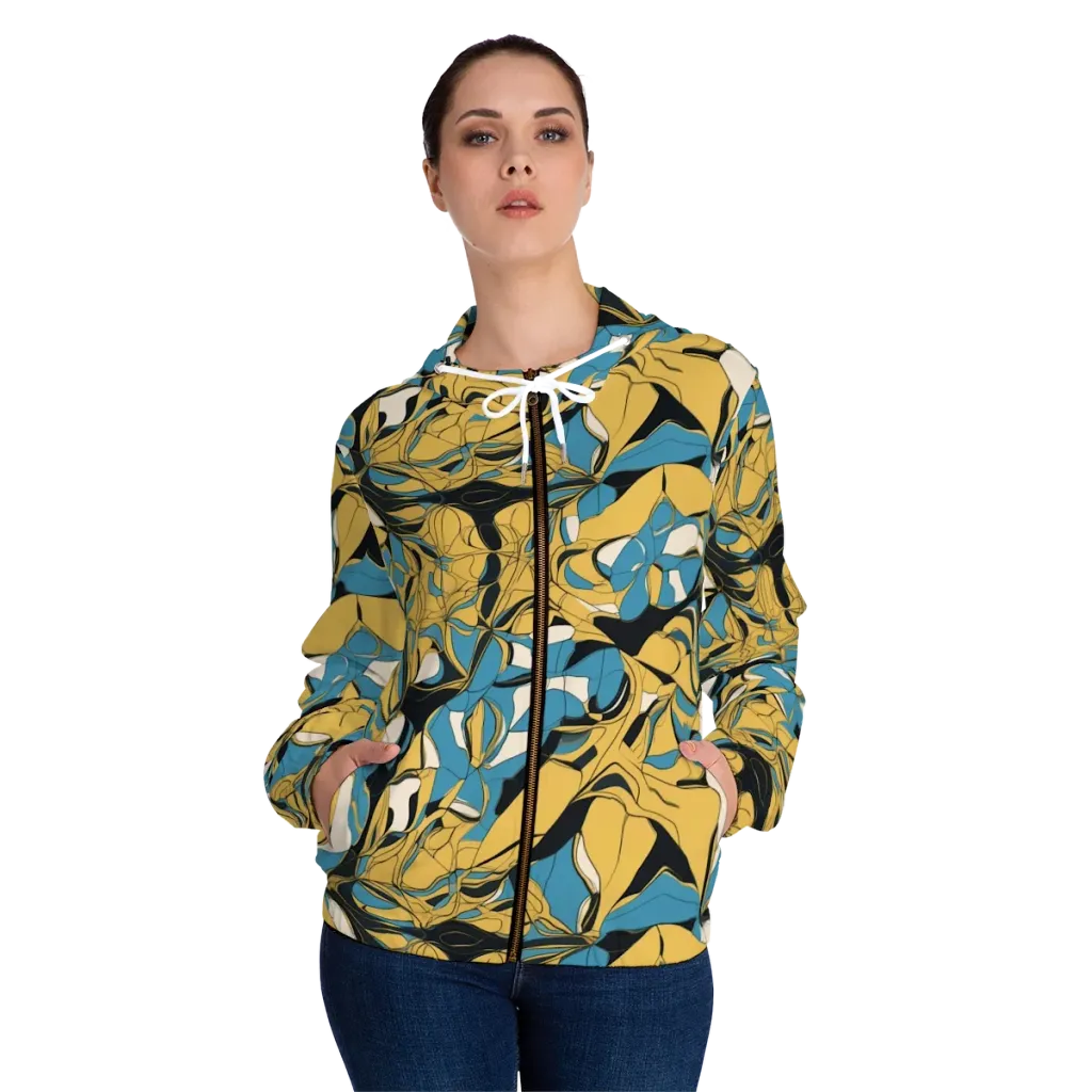 Cobalt Petal Drift on Women's Full-Zip Hoodie — Front On Person