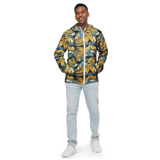 Cobalt Petal Drift on a Men's Windbreaker
