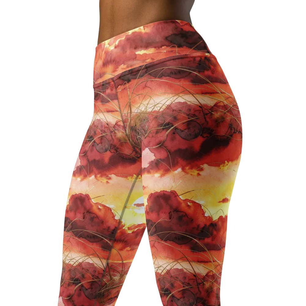 Crimson Sundown on Yoga Leggings — Left Front