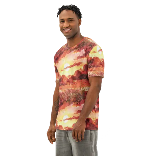 Crimson Sundown on a Men's Cotton Crew Neck T-Shirt