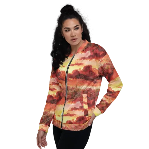 Crimson Sundown on a Bomber Jacket