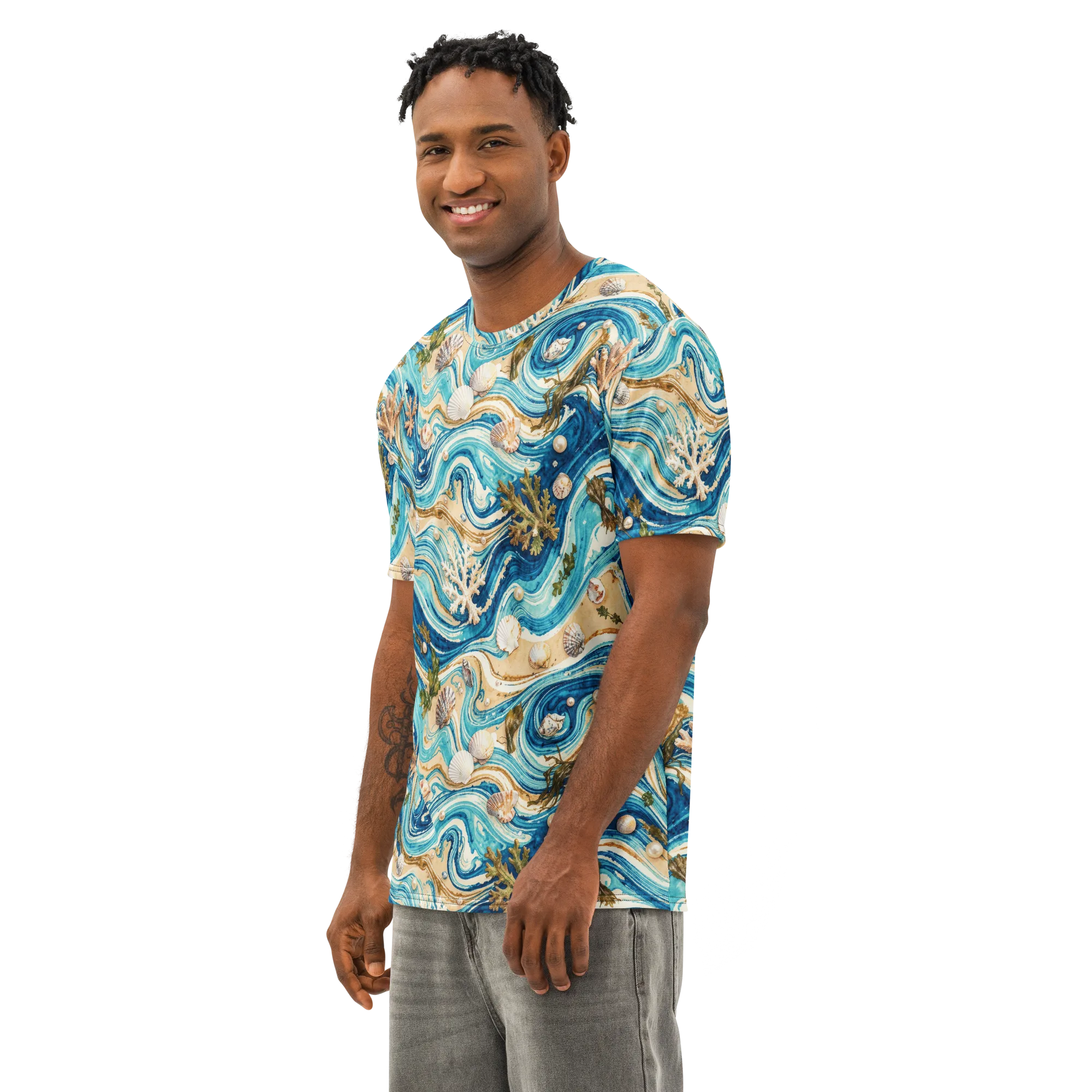 Azure Shoreline on Men's Cotton Crew Neck T-Shirt — Left Front