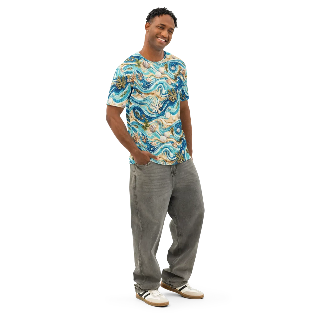 Azure Shoreline on Men's Cotton Crew Neck T-Shirt — Right Front