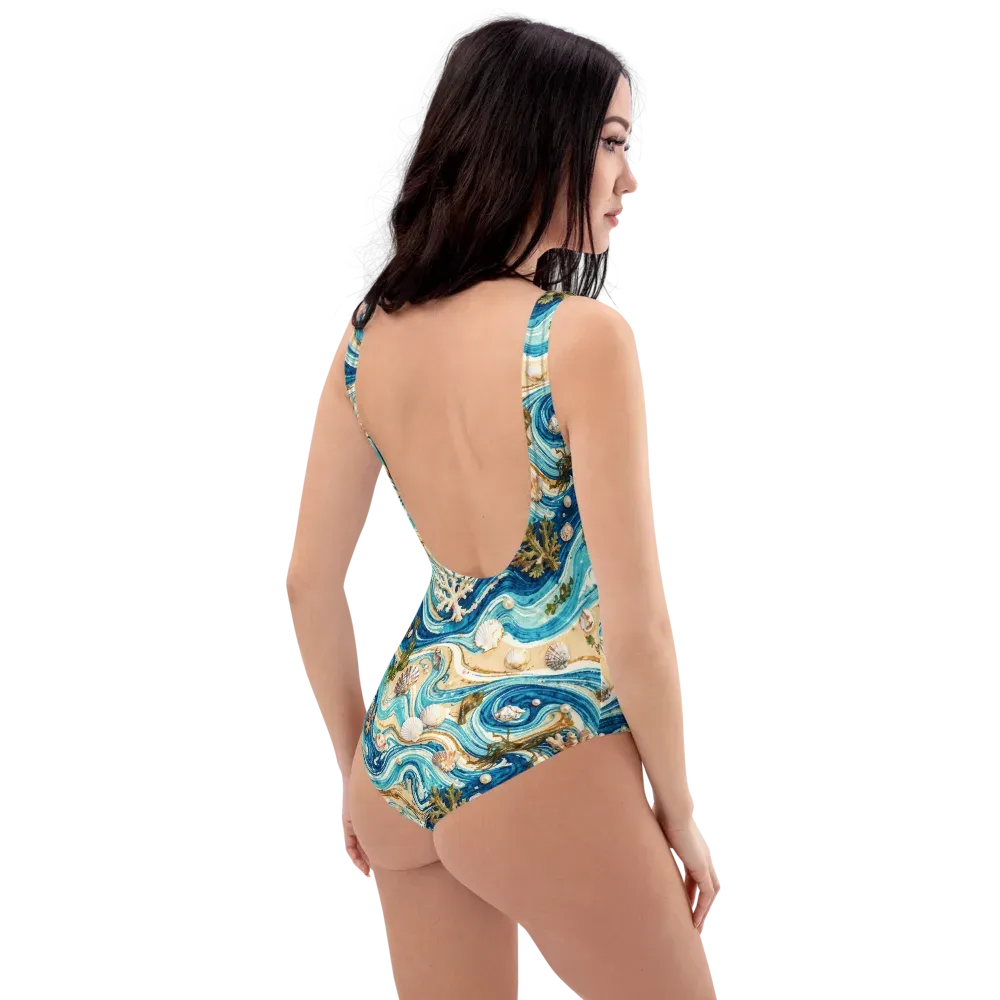 Azure Shoreline on One-Piece Swimsuit — Right Back