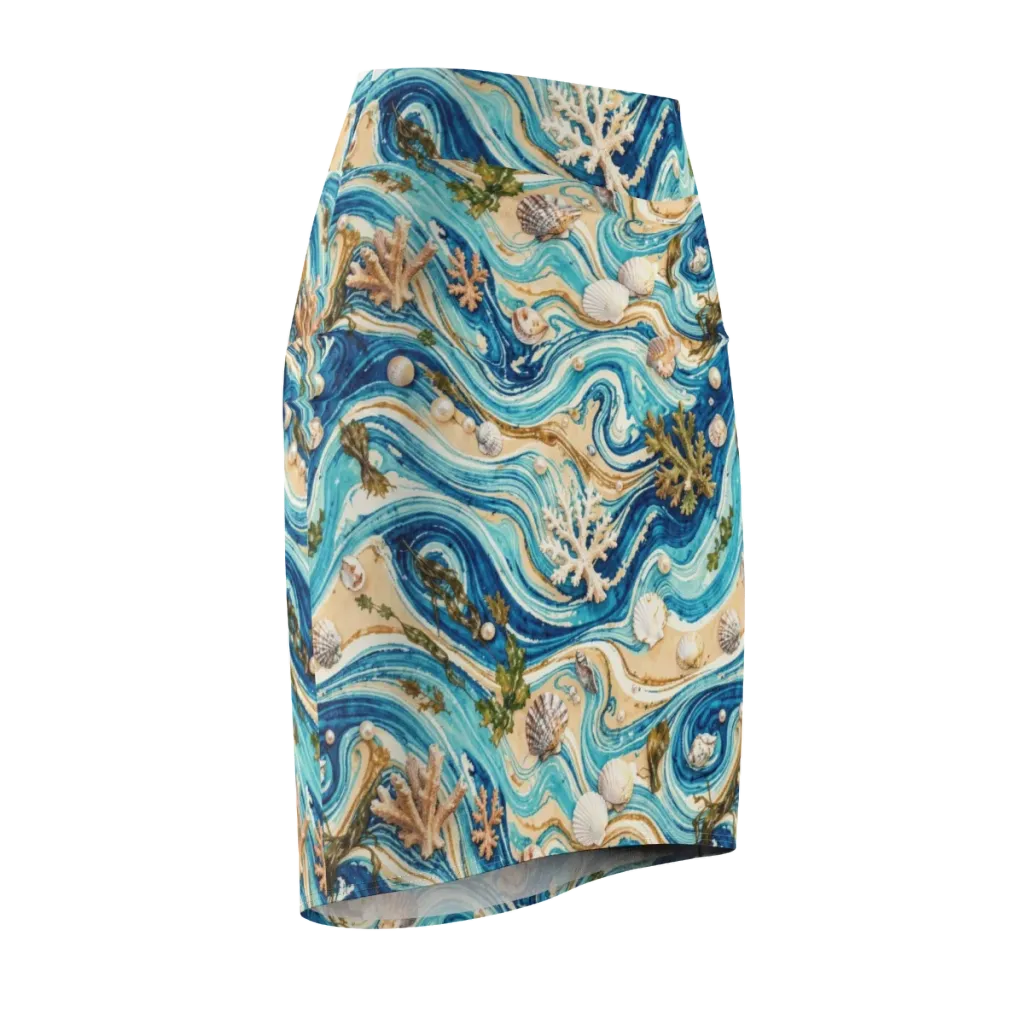 Azure Shoreline on Pencil Skirt — Front Side