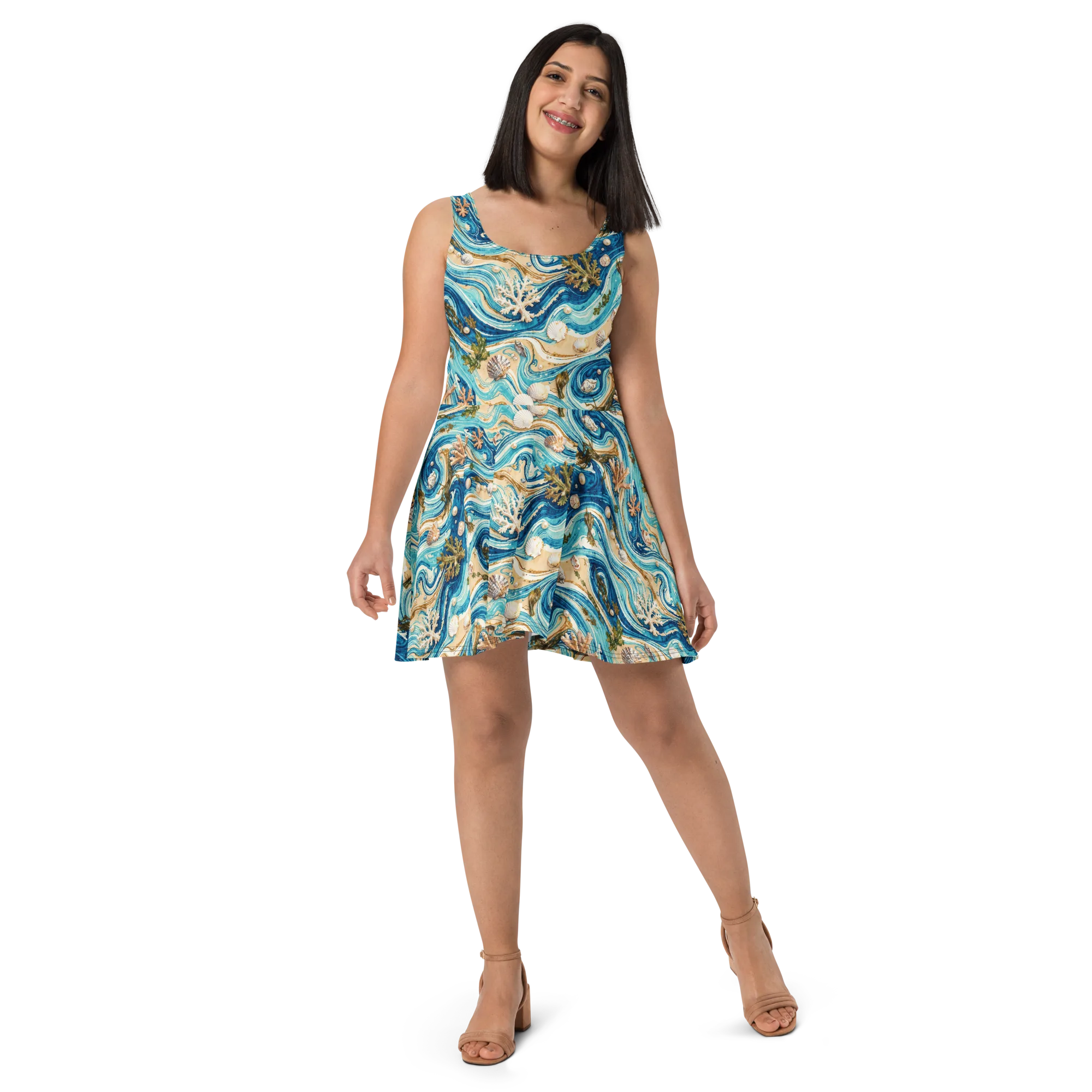 Azure Shoreline on Skater Dress — Front