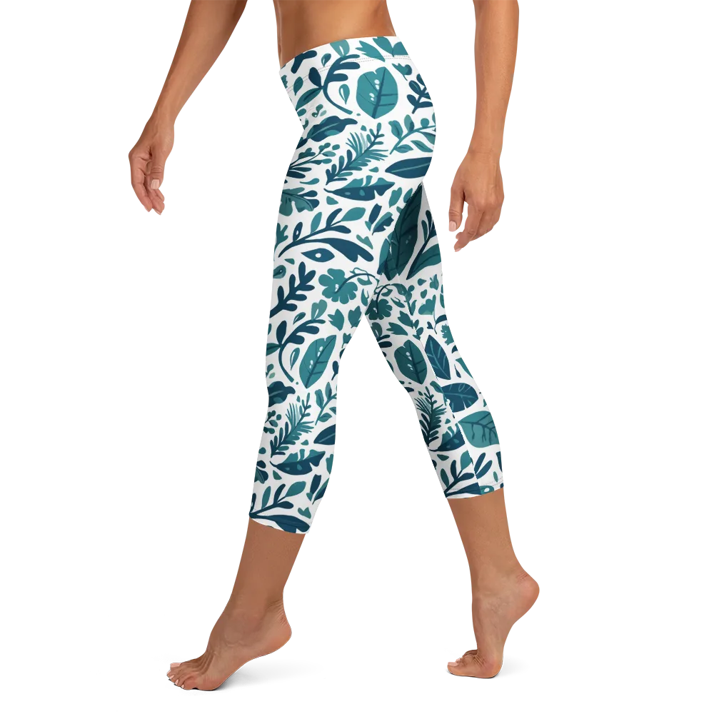 Teal Herbarium on Capri Leggings — Left