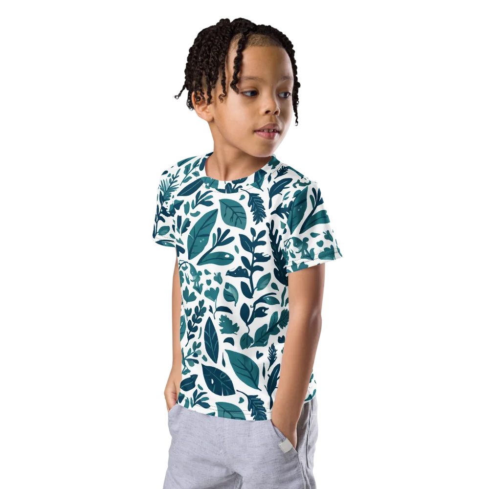 Teal Herbarium on Kids Crew Neck T-Shirt — Left Front