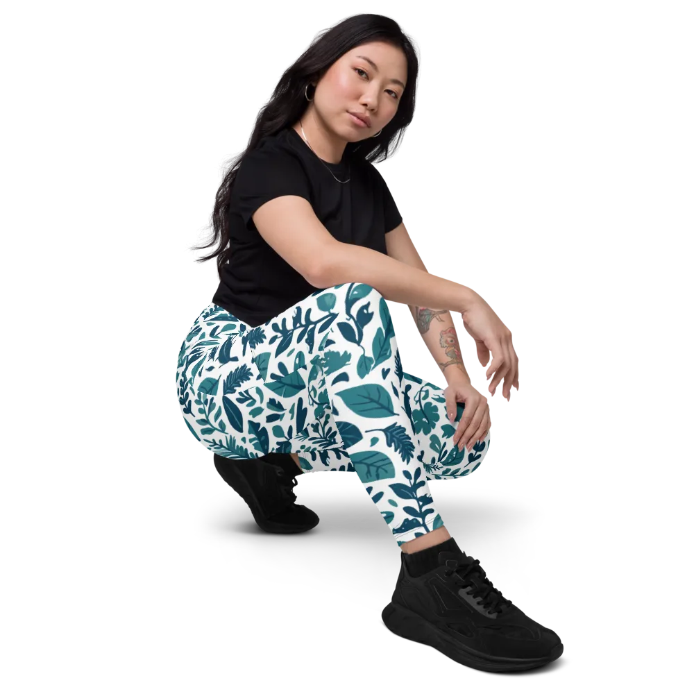 Teal Herbarium on Leggings with Pockets — Right Front
