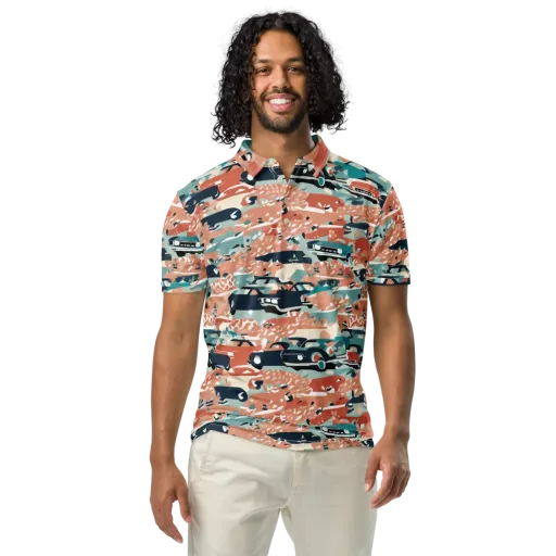 Coral Motorcade on a Men's Slim Fit Polo Shirt