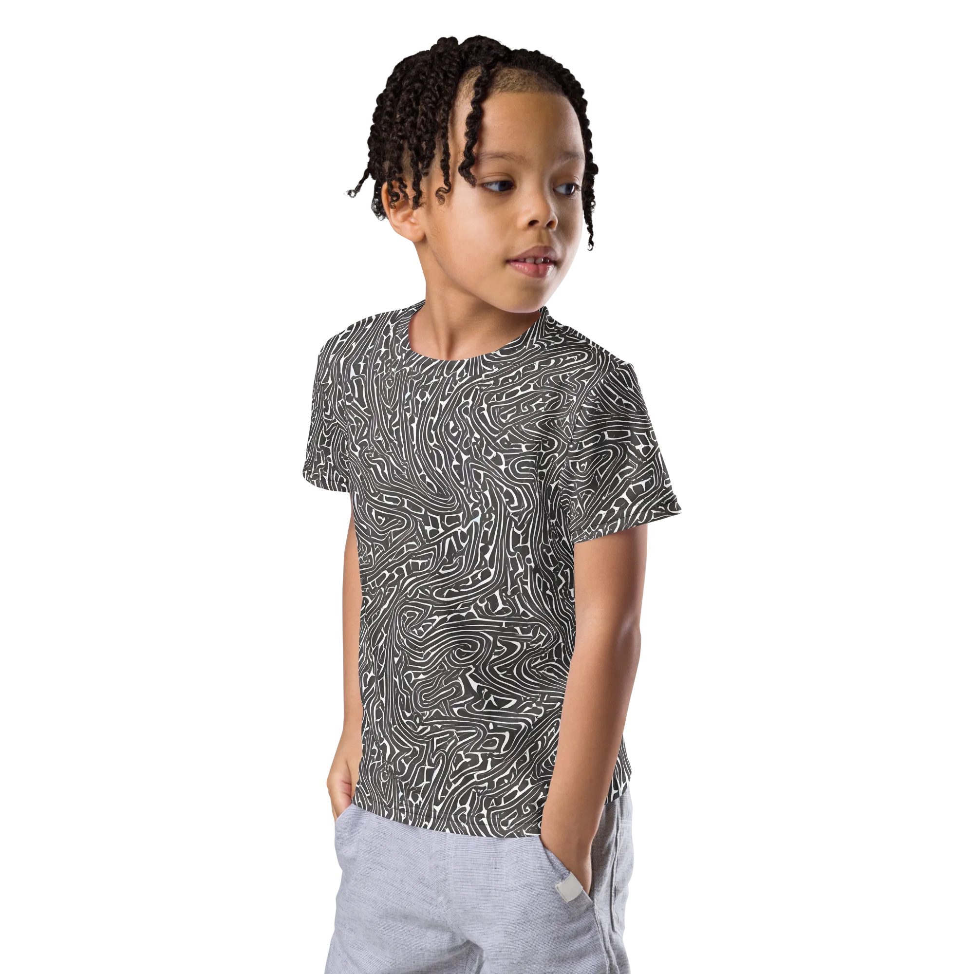 Monochrome Labyrinth on Kids Crew Neck T-Shirt — Left Front