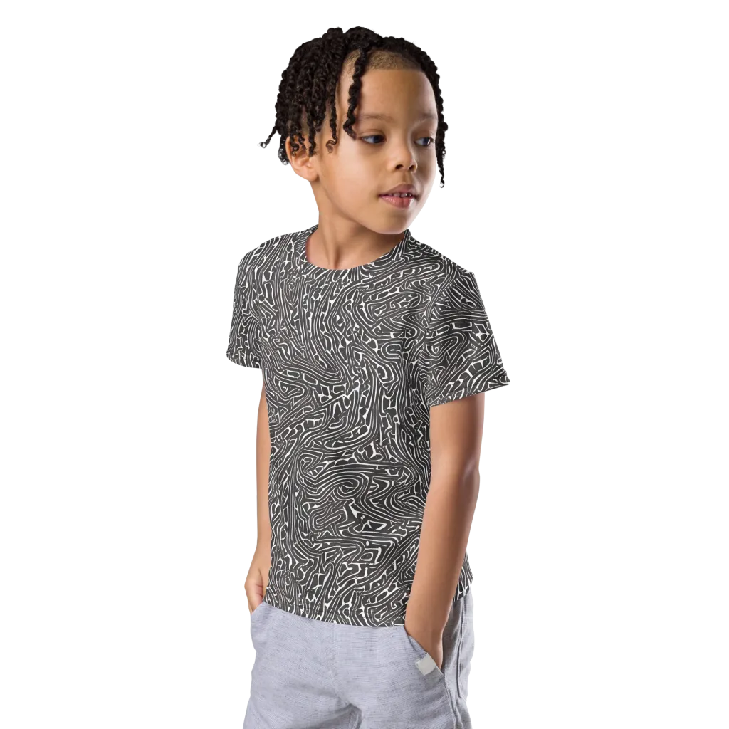 Monochrome Labyrinth on Kids Crew Neck T-Shirt — Left Front