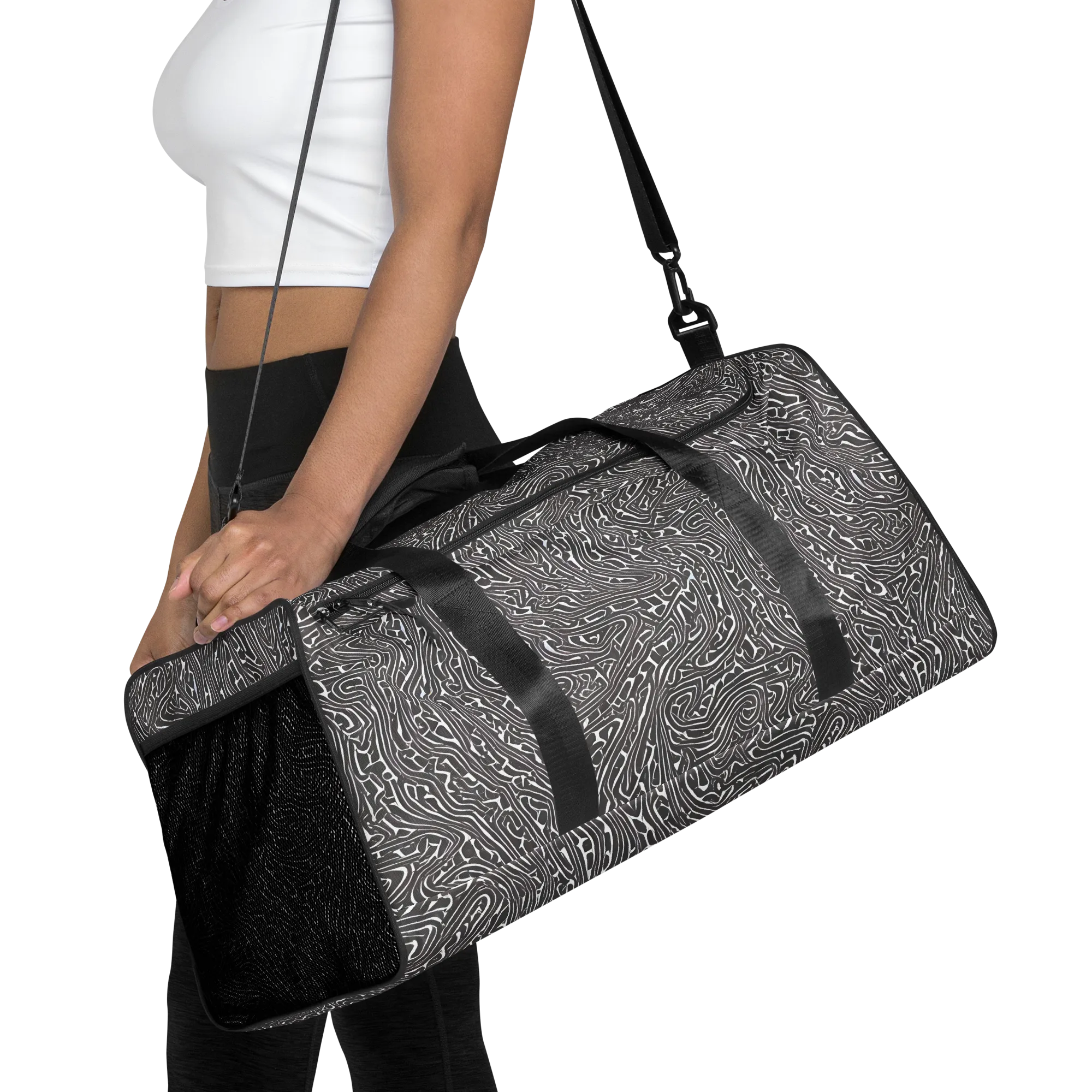 Monochrome Labyrinth on Duffle Bag — Front