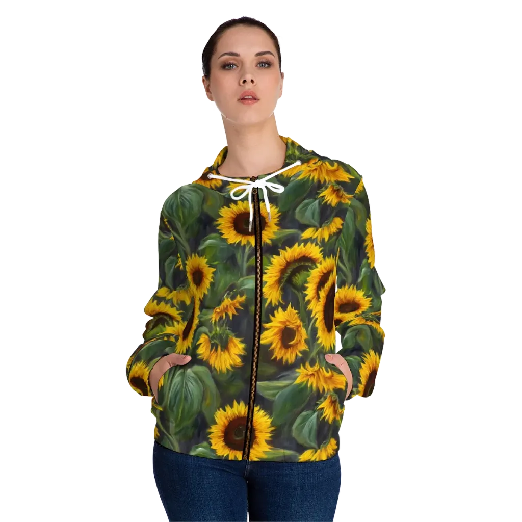 Sunflower Nocturne on Women's Full-Zip Hoodie — Front On Person