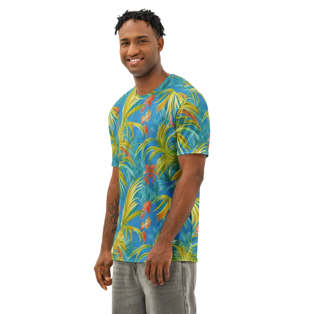Azure Palm Reverie on Men's Cotton Crew Neck T-Shirt — Left Front