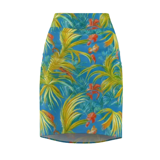 Azure Palm Reverie on a Pencil Skirt
