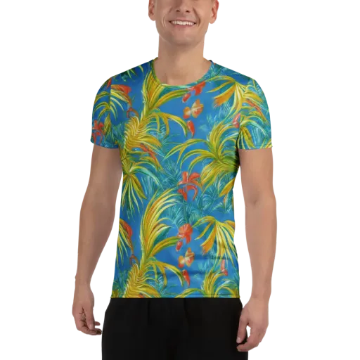 Azure Palm Reverie on a Men's Athletic T-Shirt