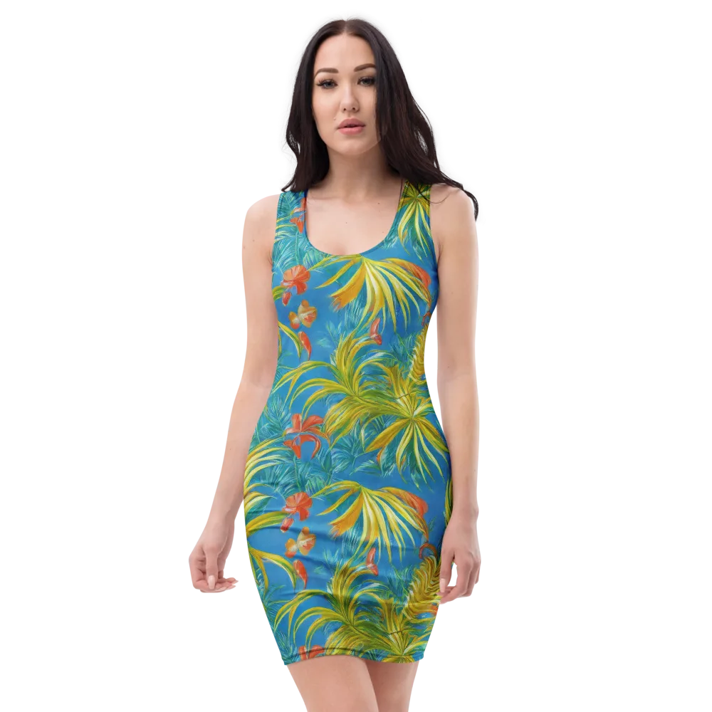 Azure Palm Reverie on Bodycon Dress — Front