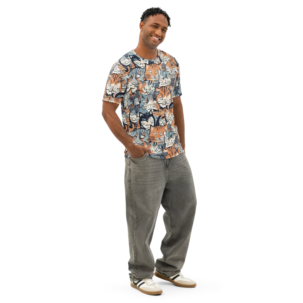 Feline Frenzy on Men's Cotton Crew Neck T-Shirt — Right Front