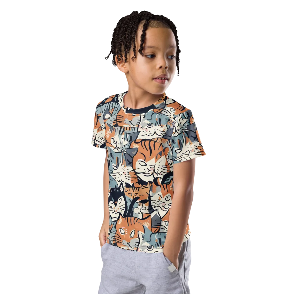 Feline Frenzy on Kids Crew Neck T-Shirt — Left Front